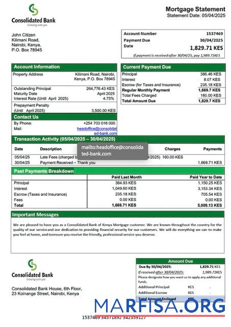 Realistic Kenya Consolidated Bank of Kenya mortgage statement Word and PDF template